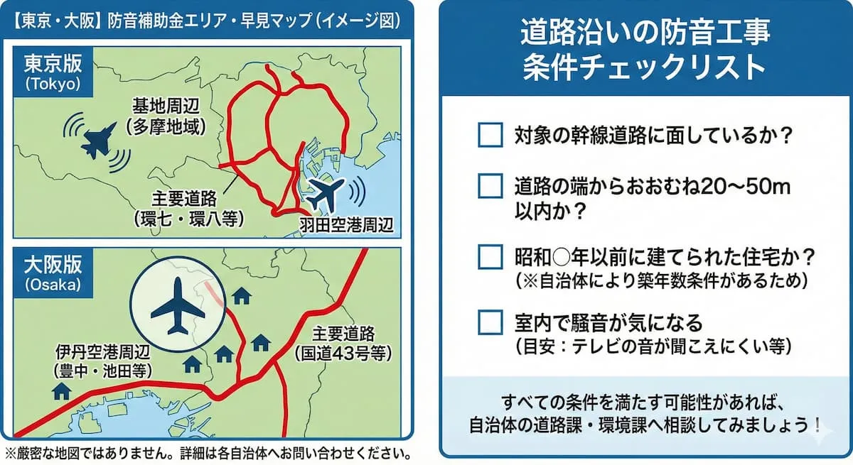 空港周辺の防音助成エリア解説図(例・イメージ)