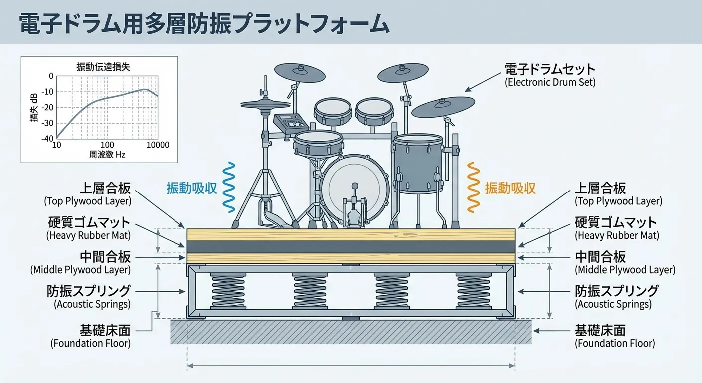 Layered structure of a drum vibration isolation platform