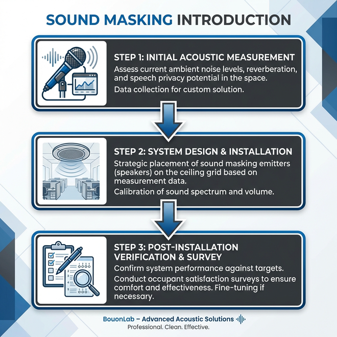 A 3-step checklist for introducing sound masking: 1. Measurement (Frequency and leakage level), 2. Installation locations (Front of meeting room doors, ceiling), 3. Testing (Check for discomfort). Flowchart style with arrows connecting the steps.