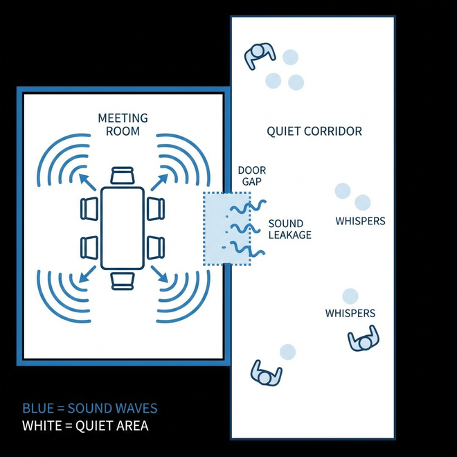 Visual summary of office sound leak risks and sound masking. An illustration showing &ldquo;information waves&rdquo; leaking through gaps even with thick walls, being enveloped and made unclear by a layer of masking sound.