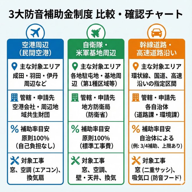3大防音補助金制度の比較図（空港周辺・基地周辺・道路沿い）